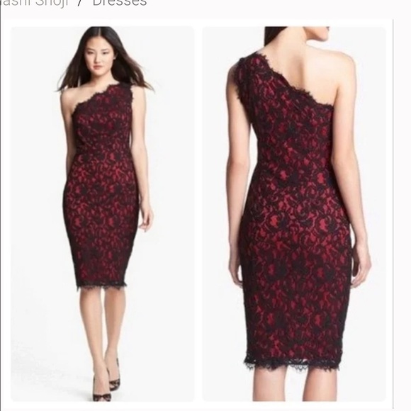 TADASHI SHOJI ONE-SHOULDER LACE DRESS BLACK RED SIZE: 2 - Picture 1 of 10